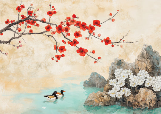 Red Cherry Blossom with Ducks
