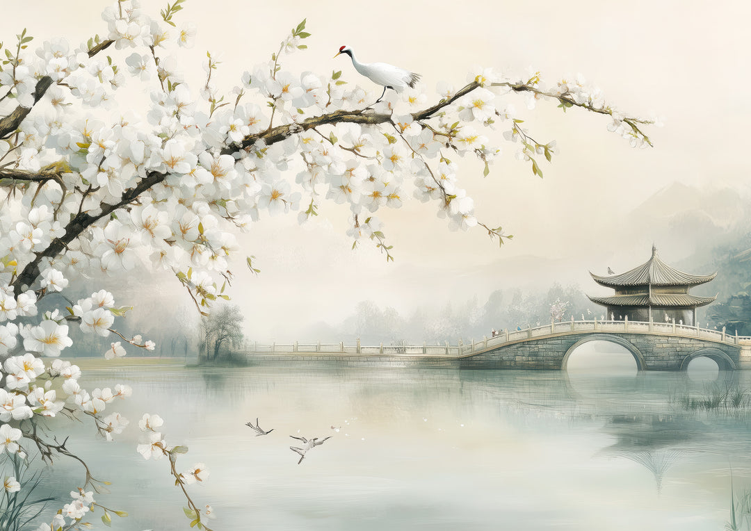 Cherry Blossom Wall Art with Bridge