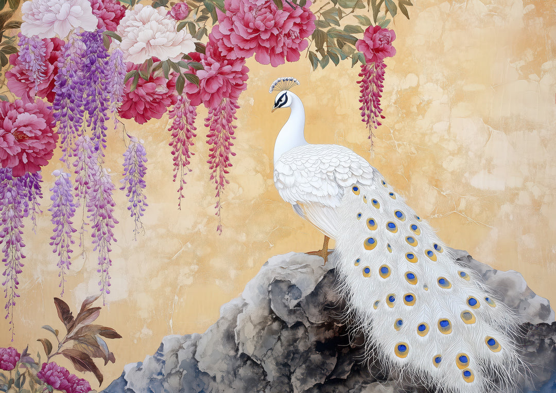 Peacock with Wisteria & Peonies