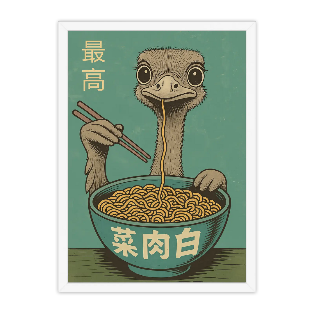 Playful Ostrich Eating Ramen