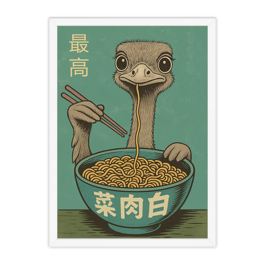 Playful Ostrich Eating Ramen