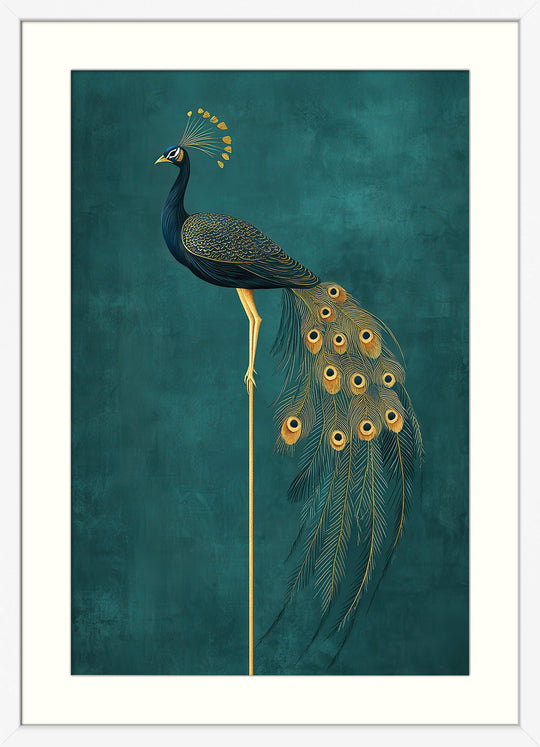 Golden Peacock Elegance on Teal Background