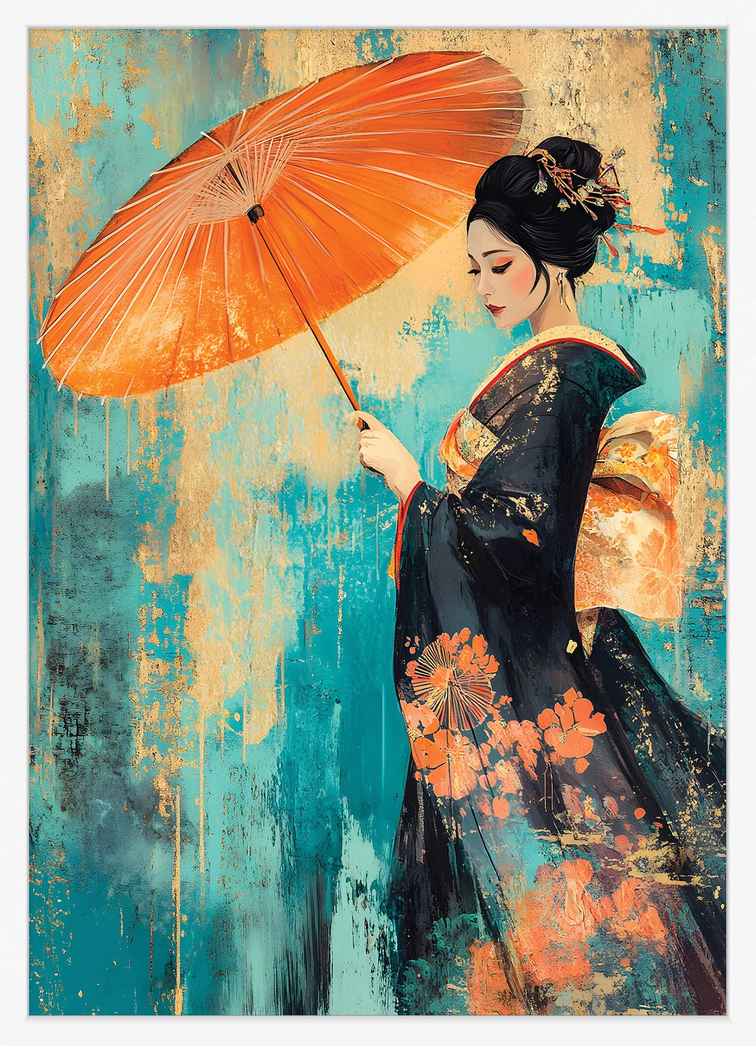 Geisha with Parasol on Teal Texture