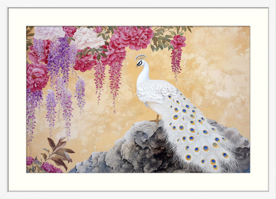 Peacock with Wisteria & Peonies