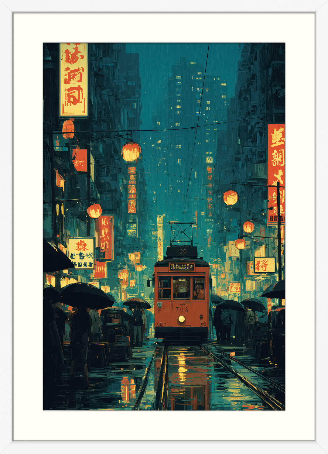 Rainy Neon Tram Scene