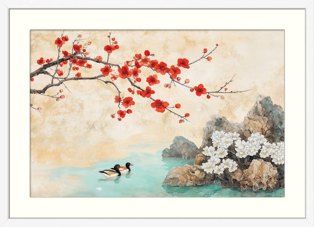 Red Cherry Blossom with Ducks