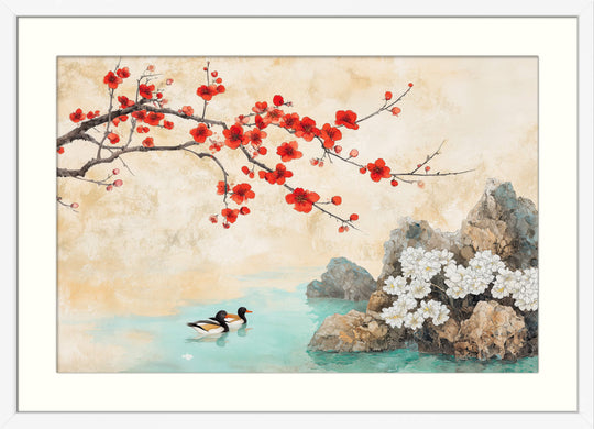 Red Cherry Blossom with Ducks