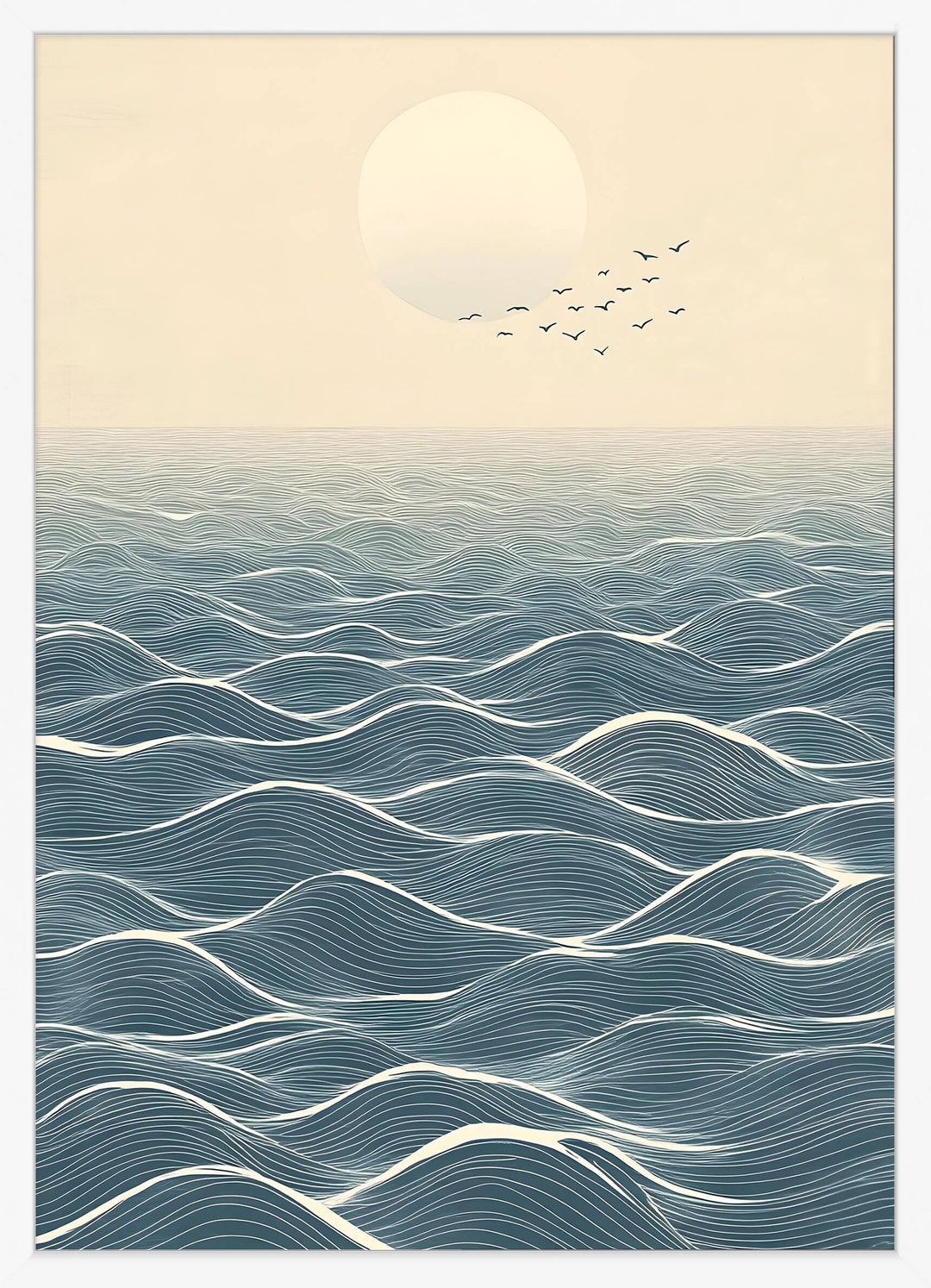 Japanese Ocean Horizon with Moon and Birds