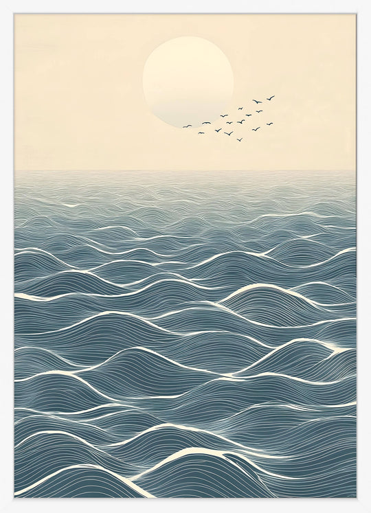 Japanese Ocean Horizon with Moon and Birds